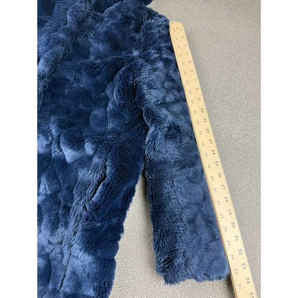 Sisley Hooded Coat Women 2 Blue Faux Fur Clip Buttons Gray Wool Lined Hood Plush - Picture 7 of 9